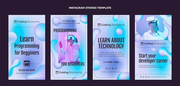 Vector colección de historias de instagram de tecnología fluida abstracta degradada
