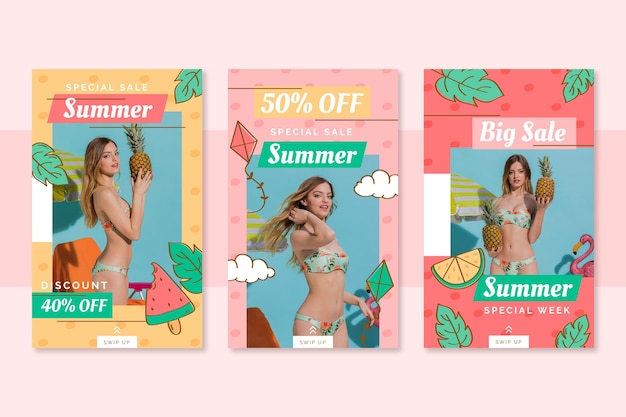 Vector colección de historias de instagram de verano dibujadas a mano con foto