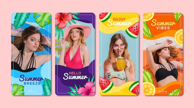 Vector colección de historias de instagram de verano dibujadas a mano con foto