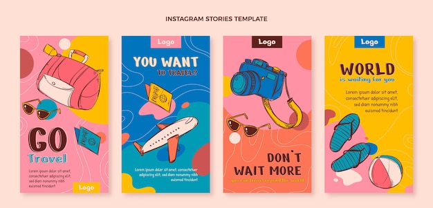 Colección de historias de instagram de viajes dibujadas a mano