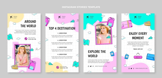 Vector colección de historias de instagram de viajes dibujadas a mano