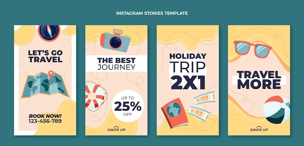 Colección de historias de instagram de viajes de diseño plano