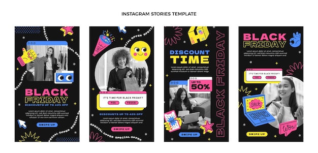 Vector colección de historias de instagram de viernes negro plano dibujado a mano