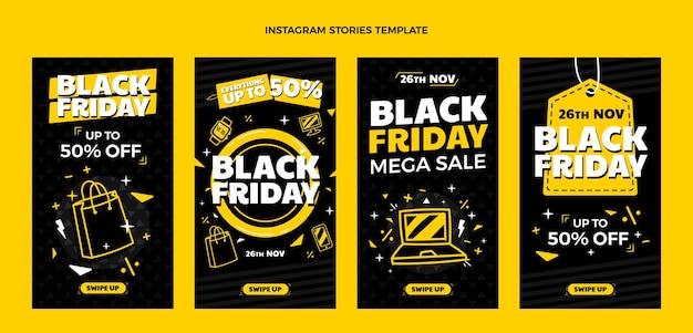 Vector colección de historias de instagram de viernes negro plano dibujado a mano