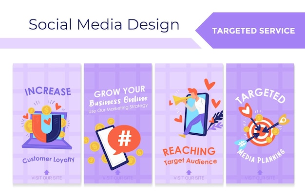 Colección de historias de Internet para marketing objetivo Diseño de conjuntos de redes sociales con monedas planas para teléfonos inteligentes portátiles y me gusta ilustración vectorial Publicidad de servicios de estrategia empresarial en el diseño de banners web