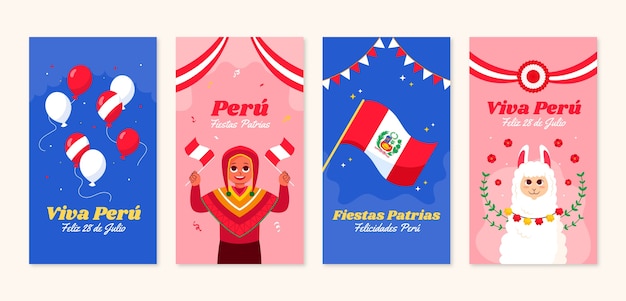 Vector colección de historias planas de instagram para celebraciones de fiestas patrias peruanas