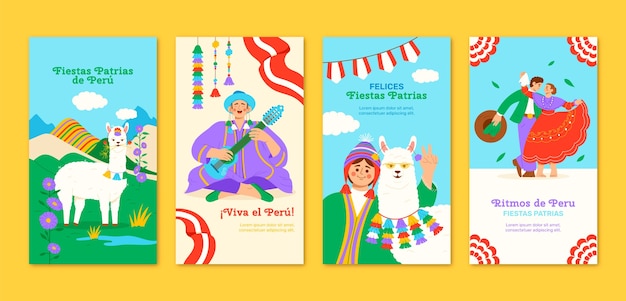 Vector colección de historias planas de instagram para celebraciones de fiestas patrias peruanas