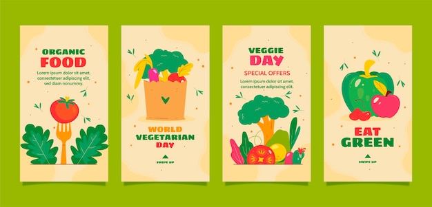 Colección de historias planas de instagram para el día mundial del vegetarianismo