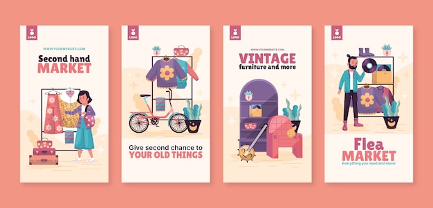 Vector colección de historias planas de instagram para evento de mercado de pulgas de segunda mano