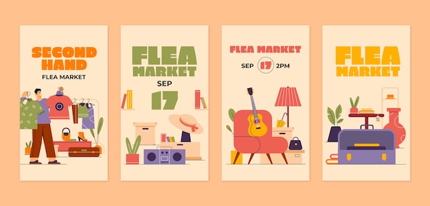 Vector colección de historias planas de instagram para evento de mercado de pulgas de segunda mano