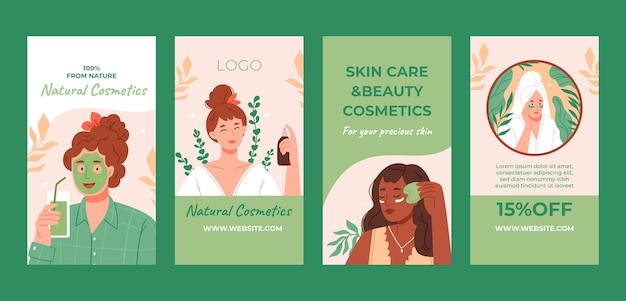 Vector colección de historias planas de instagram para productos de cosmética natural.