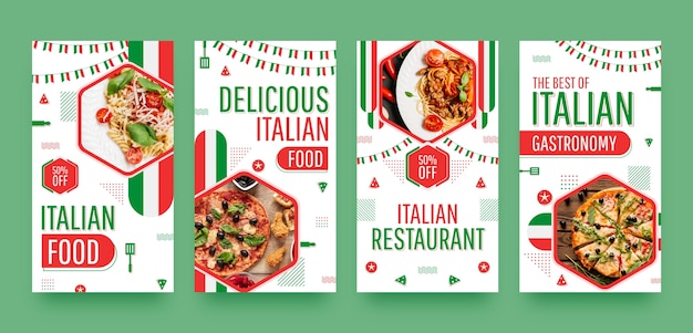 Vector colección de historias planas de instagram para restaurante de comida tradicional italiana