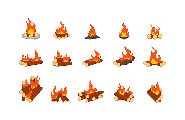 Colección de hogueras encendidas o fogatas aisladas sobre fondo blanco. Conjunto de animación de llama sobre leña o troncos de fuego. Símbolo de fogata, viajes y aventuras de madera.