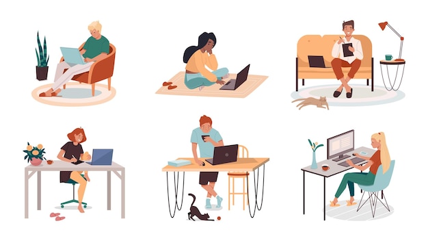 Colección de hombre y mujer en el trabajo a domicilio o en el trabajo Conjunto de personas de dibujos animados que trabajan de forma remota