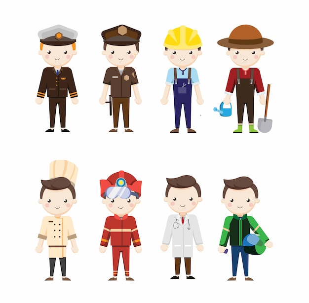 Colección de hombres diversas ocupaciones uniforme Diseño plano ilustración.