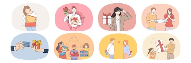 Colección de hombres y mujeres encantados que se sienten emocionados con la sorpresa presente Conjunto de personas diversas reciben un regalo en cumpleaños o aniversario Concepto de saludo y celebración Ilustración de vector plano