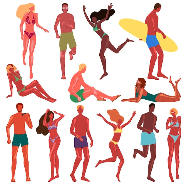 Colección de hombres y mujeres en trajes de baño. Jóvenes humanos en diferentes poses, nacionalidades en la playa. Dibujos vectoriales dibujados a mano en estilo plano de dibujos animados. Conjunto de elementos coloridos aislado en blanco.