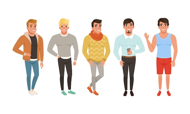 Colección de hombres vestidos con ropa casual Bundle de trajes de estilo callejero Chicos con ropa de moda Ilustración vectorial de estilo de dibujos animados