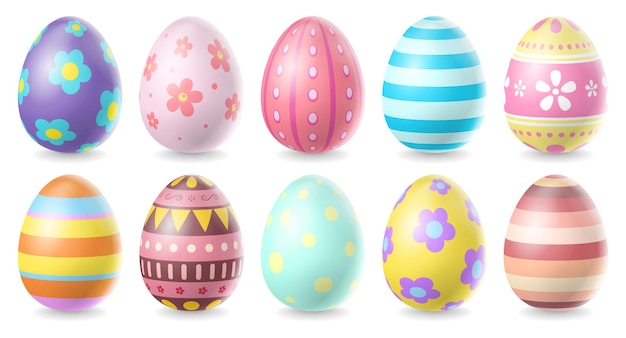 Colección de huevos coloridos feliz día de Pascua aislado sobre fondo blanco