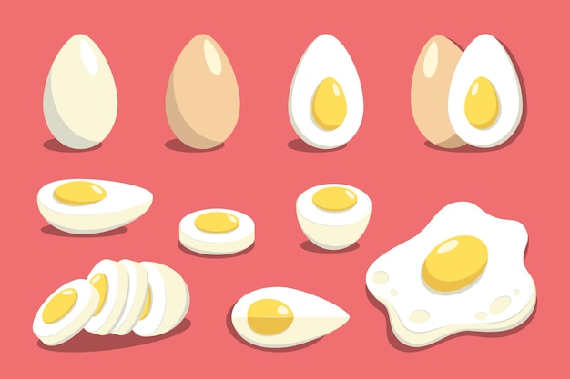 Colección de huevos Elementos de clip art vectoriales planos sobre fondo rojo Iconos de alimentos frescos y saludables