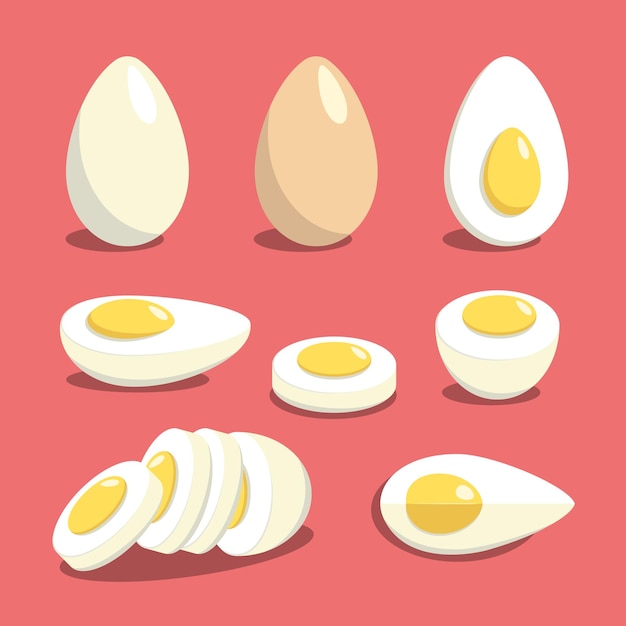 Colección de huevos Elementos de clip art vectoriales planos sobre fondo rojo Iconos de alimentos frescos y saludables