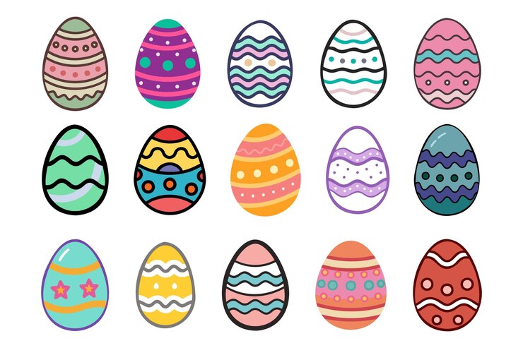 Colección de huevos de Pascua coloridos y decorados