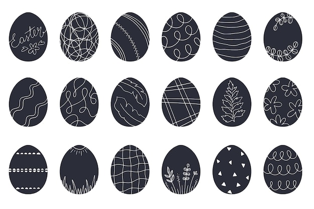 Colección de huevos de pascua decorados con patrones de estilo escandinavo, adornos y texturas huevos pintados minimalistas en blanco y negro