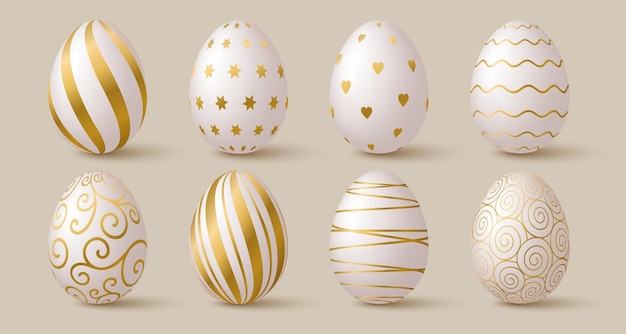 Colección de huevos de Pascua Elementos de diseño elegante en 3d blanco y dorado