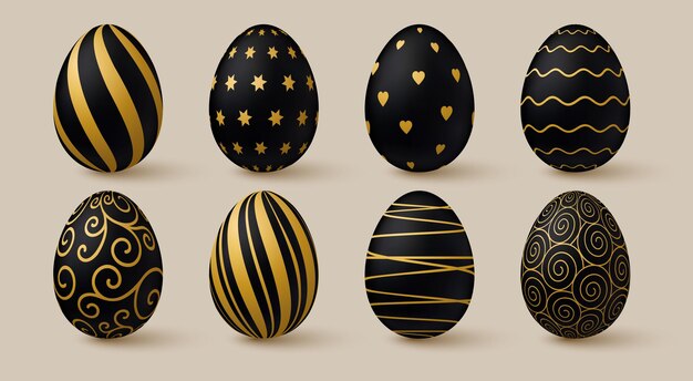 Colección de huevos de Pascua Elementos de diseño elegante en 3d negro y dorado