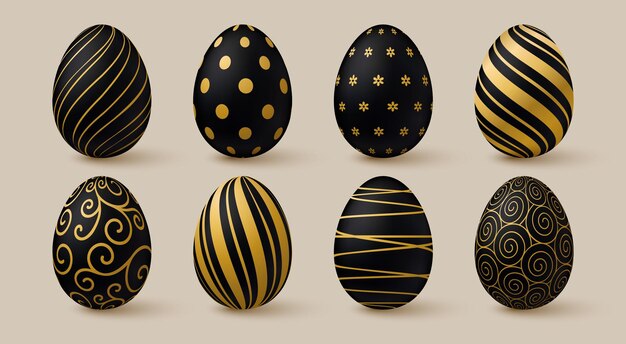 Colección de huevos de pascua elementos de diseño elegante en 3d negro y dorado