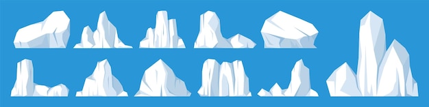 Vector colección de icebergs flotantes bloque de glaciares árticos a la deriva de agua oceánica congelada montañas heladas con nieve pico de hielo derretido paisaje nevado antártico polo sur y polo norte ilustración vectorial