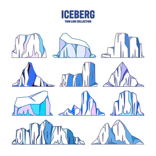 Vector colección de icebergs flotantes drifting glaciar ártico bloque de agua congelada del océano montañas heladas con