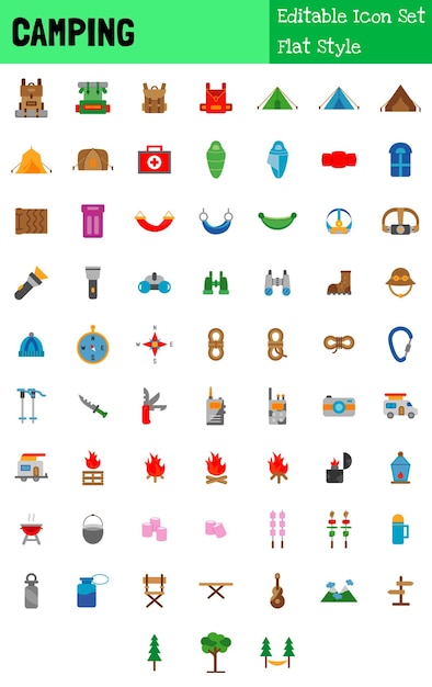 Colección de iconas de acampada con estilo plano