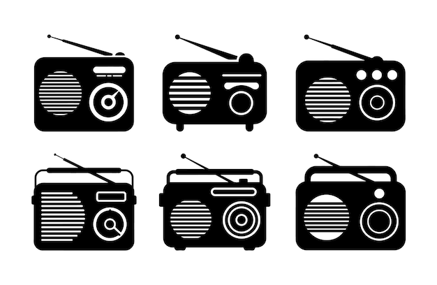 Colección de iconas de silueta de radio antiguas aisladas sobre un fondo blanco