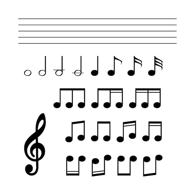 Vector colección de icono de nota musical en blanco.