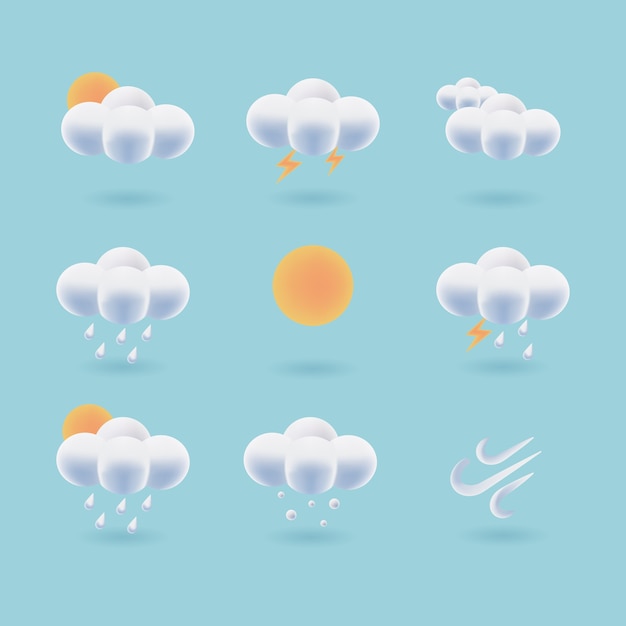 Colección de icono del tiempo 3d. vector de nube esponjosa. diseño de interfaz de usuario de símbolo de pronóstico del tiempo.