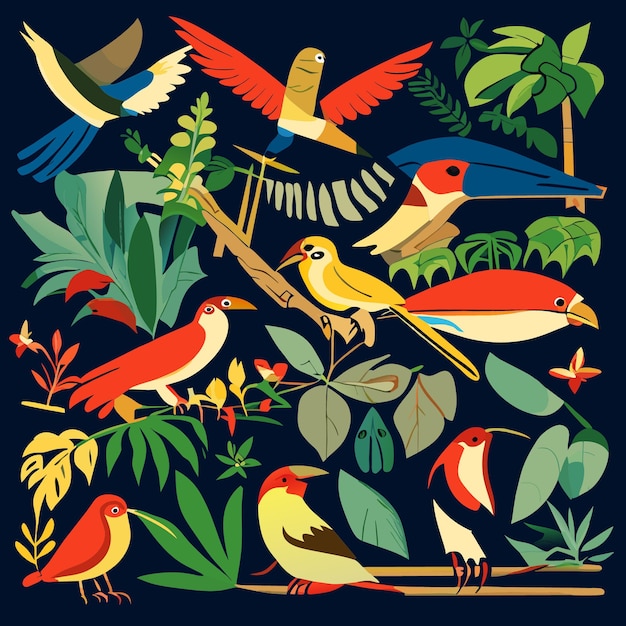 Vector colección de iconografía de aves de la selva tropical