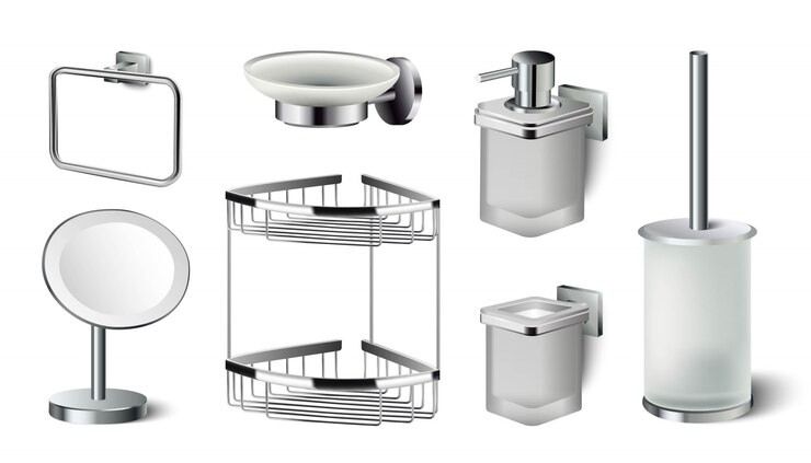 Vector colección de iconos de accesorios de baño. espejo, jabón líquido, estante, cepillo para el baño.