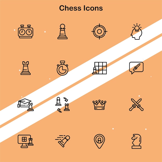 Colección de iconos de ajedrez que muestran varias piezas y el tablero de juego adecuado para la estrategia