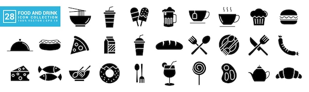 Colección de iconos de alimentos y bebidas desayuno delicioso nutritivo editable y redimensionable EPS 10
