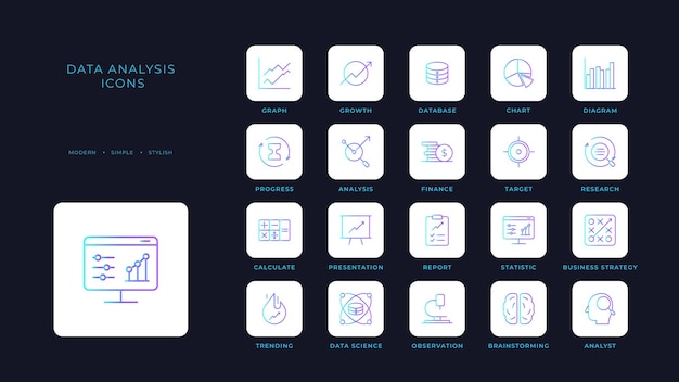 Colección de iconos de análisis de datos con análisis de gráfico de estilo bitono azul Informe de información de investigación de crecimiento Ilustración vectorial