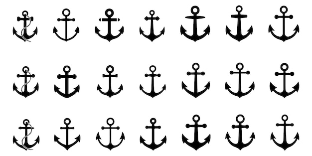 Colección de íconos de anclaje Conjunto de símbolos vectoriales negros náuticos