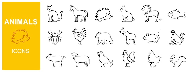 Colección de iconos de animales Conjunto de iconos de animales de línea delgada Vector