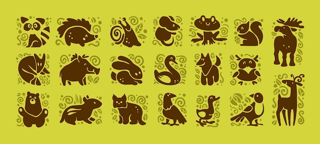 Colección de iconos de animales lindos aislados sobre fondo blanco.