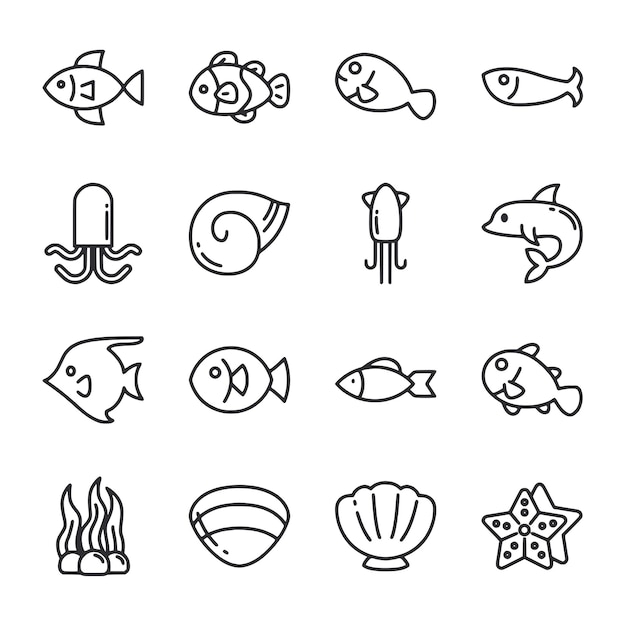Colección de íconos de animales marinos y criaturas marinas