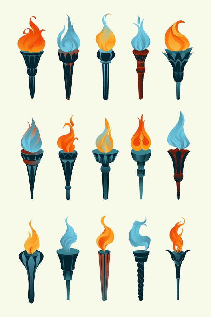 Vector colección de iconos de antorcha en llamas antorcha de dibujos animados con llama fuego ardiente o llama signo de fuego deportivo