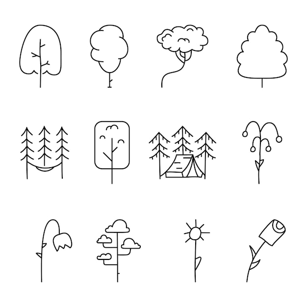 Colección de iconos de árbol simple y minimalista Árboles de silueta de arte lineal Conjunto de símbolos vectoriales de stock