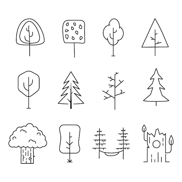 Colección de iconos de árbol simple y minimalista línea arte silueta árboles stock vector símbolos lineales