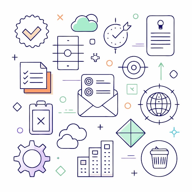 Una colección de iconos de arte de línea que representan tecnología empresarial y otros conceptos relacionados