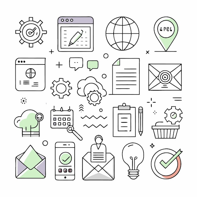 Una colección de iconos de arte de línea relacionados con la web de negocios y la tecnología